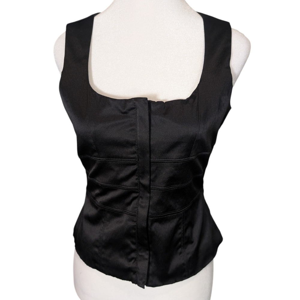MKM Designs Black Sateen Zipper Front Sleeveless Top Square Neck Corset Style S